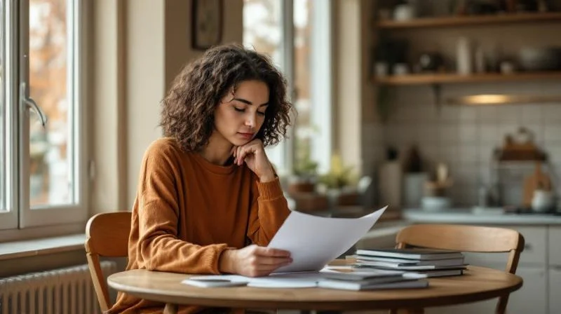 Frau liest Foerderunterlagen am Kuechentisch in einer Bremer Altbauwohnung