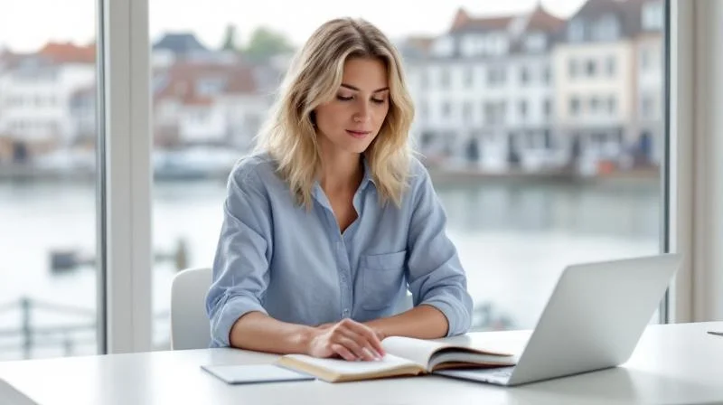 Frau lernt an einem hellen Schreibtisch mit Blick auf die Bremer Weser