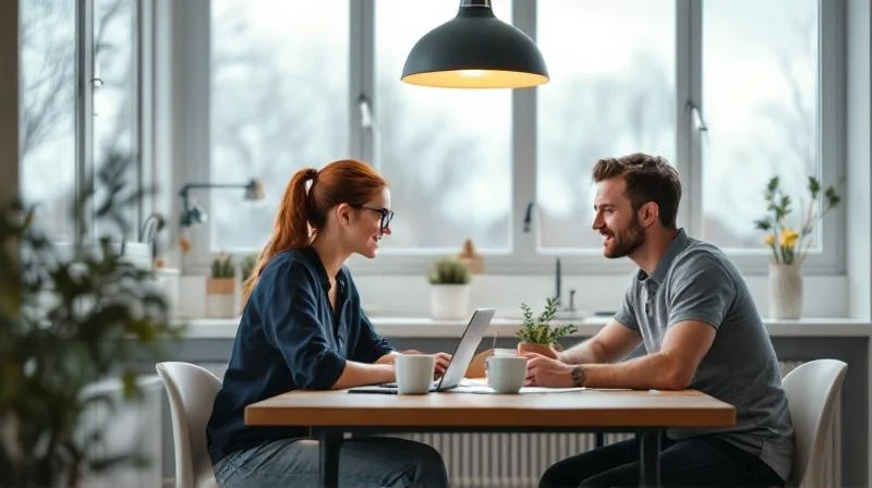 Zwei Berufstaetige besprechen Weiterbildungsoptionen am Laptop in Bremen