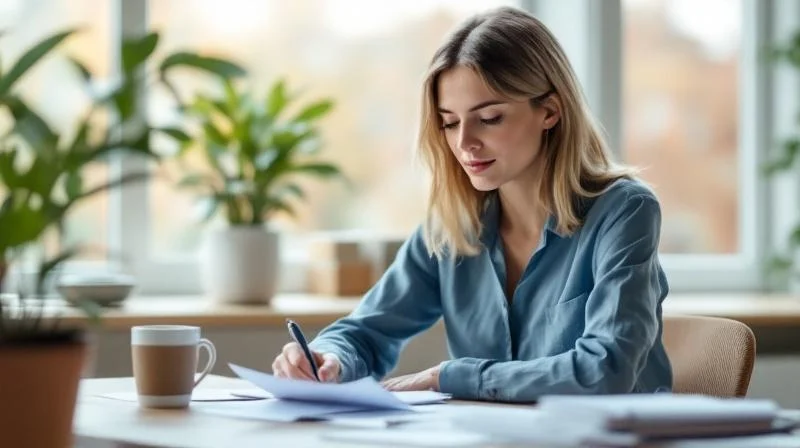 Frau sitzt am Schreibtisch in einem hellen Buero in Bremen und arbeitet konzentriert an ihrer Weiterbildung