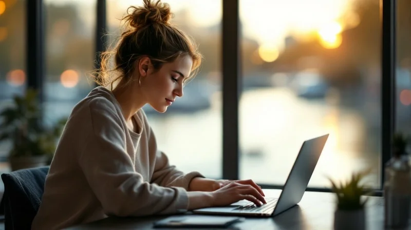 Bremer Angestellter im Coworking-Space mit Laptop, im Hintergrund Weserufer