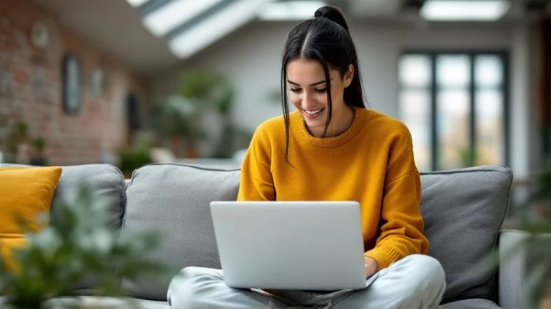 Frau arbeitet mit Laptop und Notizen in einem hellen modernen Coworking-Space in Bremen