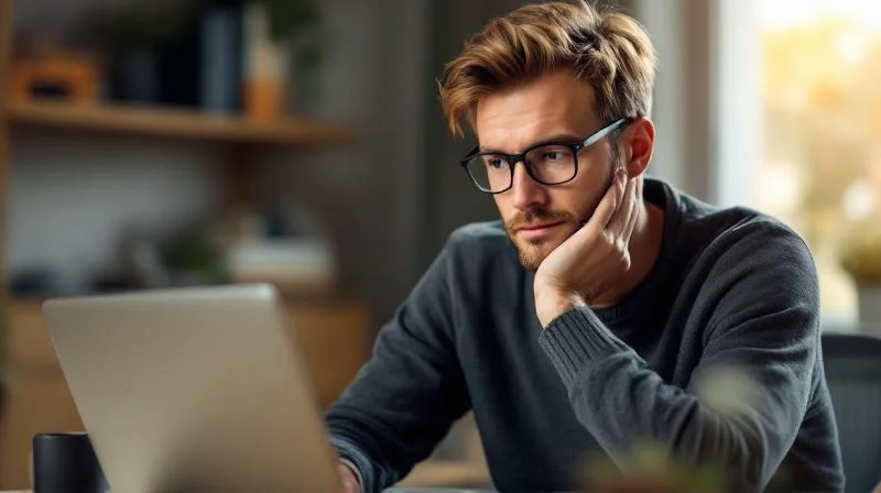 Mann recherchiert Foerdermoeglichkeiten am Laptop in einem Bremer Homeoffice