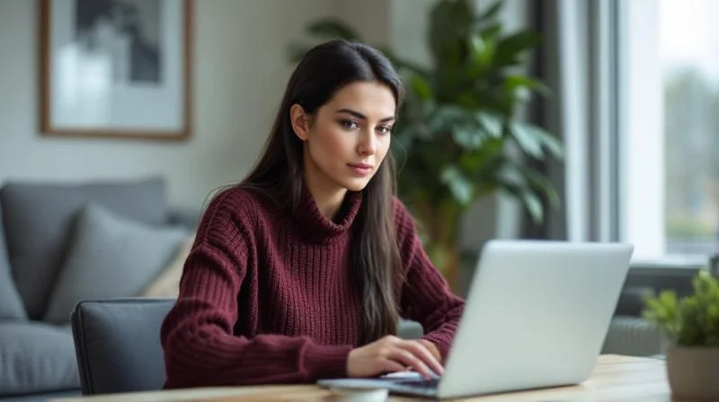 Frau arbeitet konzentriert am Laptop in einem Buero mit Blick auf die Bremer Innenstadt