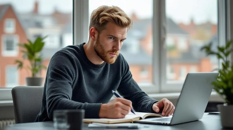 Mann lernt am Schreibtisch fuer den Wirtschaftsfachwirt mit Blick aus dem Fenster